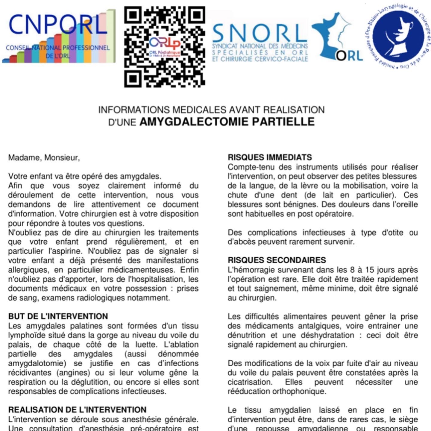 feuille information SFORL orl pédiatrique amygdalectomie partielle